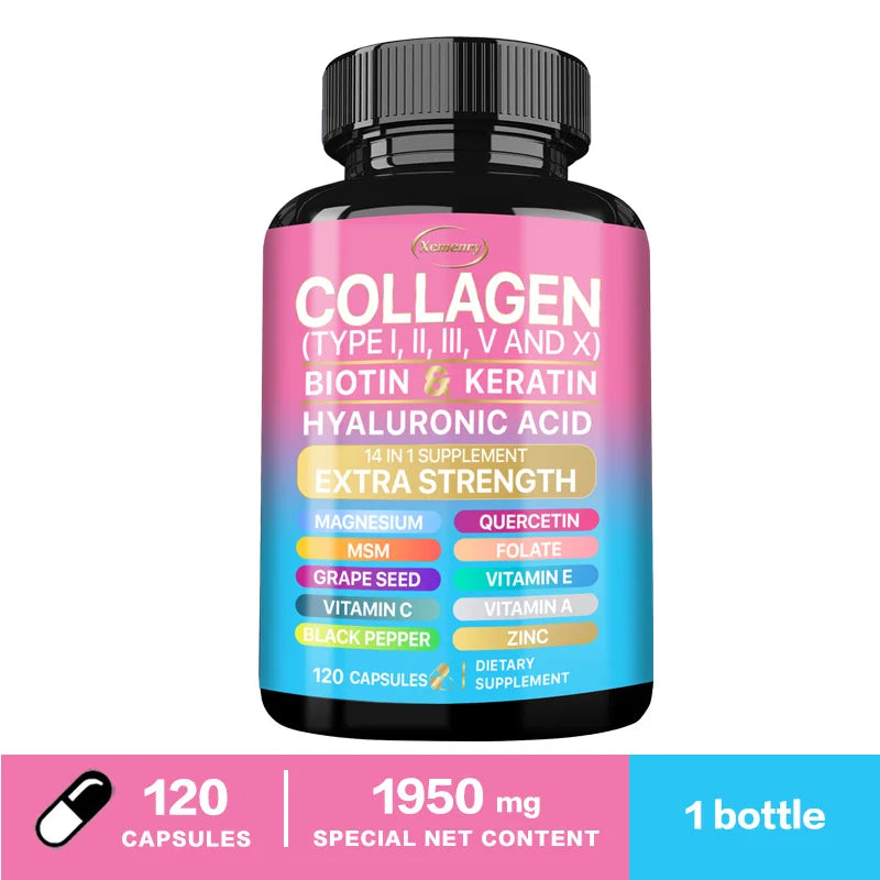 Collagen Supplement (Types I, II, III, V and X), Biotin, Keratin, Hyaluronic Acid, MSM - Skin, Nails & Joint Health, Anti-Aging